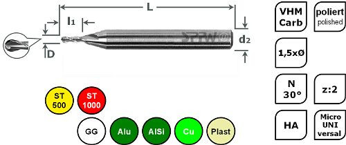 SPPW Micro-Radiusfräser VHM L: 44x4,3 z:2 d3 Ø3,0x15F, 6685270315