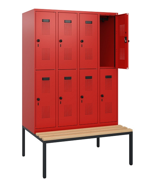 C+P Doppelstöckiger Spind Evolo PLUS, Bank, 8 Fächer, 1950x1200x815mm, 3020/3020, Drehriegel, Sitzfläche Buche-Hartholz, Sitzbank, 0493505-40 S10034