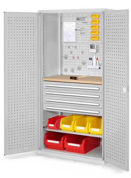 Kappes RasterPlan Schubladenschrank, Modell 16, RAL 7035, Türinnenseite: Lochplatten, 1950 x 1000 x 600 mm, 4 Schubladen H 100 mm, 1460.06.3013