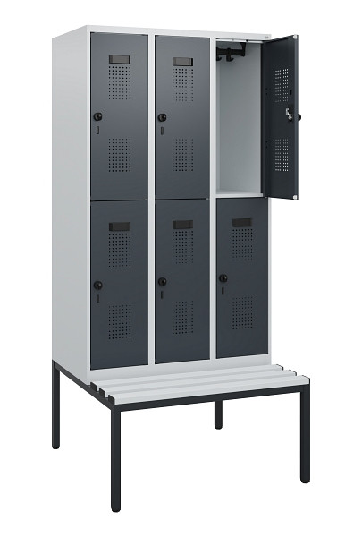 C+P Doppelstöckiger Spind Evolo PLUS, Bank, 6 Fächer, 1950x900x815mm, 7035/7016, Drehriegel, Sitzfläche Kunststoff, Sitzbank, 0493505-30 S10104