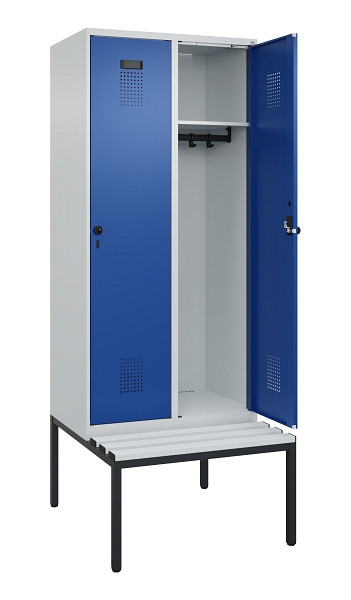 C+P Spind Evolo PLUS, 2 Abteile, 2120x800x815mm, 7035/5010, Haken 4, Drehriegel, Sitzfläche Kunststoff, Sitzbank, 0490507-22 S10060
