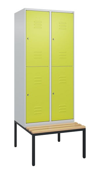 C+P Doppelstöckiger Spind Classic PLUS, 2 Abteile, 2120x800x815mm, 7035/0024, Zylinderschlösser, Buche-Sitzleisten, Sitzbank, 0803507-22 S10100