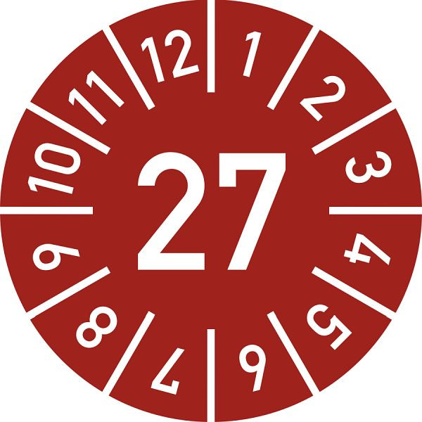 Moedel Prüfplakette Jahr 27 mit Monaten, rot, Folie, Ø 10 mm, VE: 10 Stück/Bogen, 106079