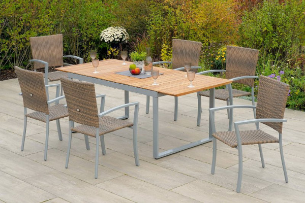 Merxx Savona Set 7-teilig, 6 Stapelsessel, 1 Ausziehtisch 150 (200) x 90 cm, Akazientischplatte vertikal gestreift, Silber/naturgrau, 50734-228