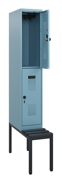 C+P Doppelstöckiger Spind Evolo PLUS, Bank, 2 Fächer, 1950x300x815mm, 0010/0010, Drehriegel, Sitzfläche Kunststoff, Sitzbank, 0493505-10 S10123