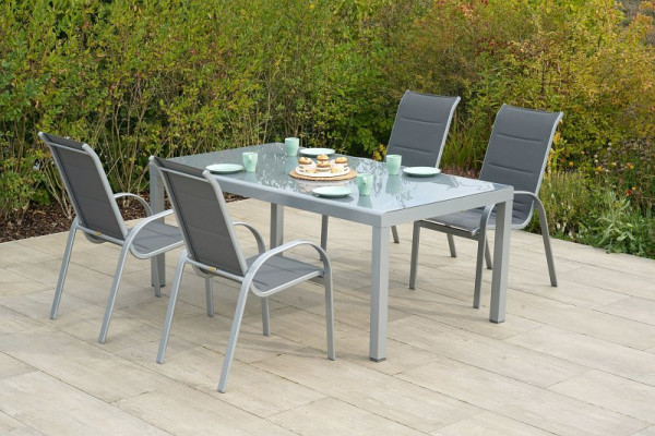 Merxx Amalfi Set 5-teilig, 4 Amalfi Stapelsessel mit hoher Rückenlehne, 1 Tisch, Halbrundprofil, 190 x 100 cm, Silber/grau, 50714-309