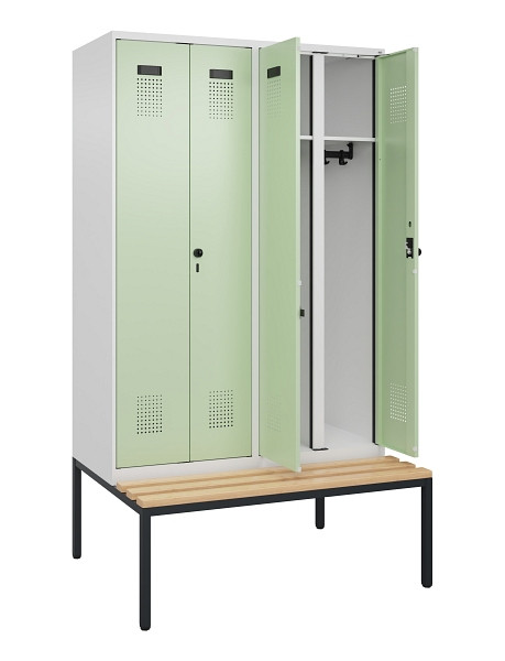 C+P Schwarz-Weiß-Spind Evolo PLUS, Bank, 4 Abteile, 2120x1200x815mm, 9016/6019, Drehriegel, Sitzfläche Buche-Hartholz, Sitzbank, 0490527-40 S10019