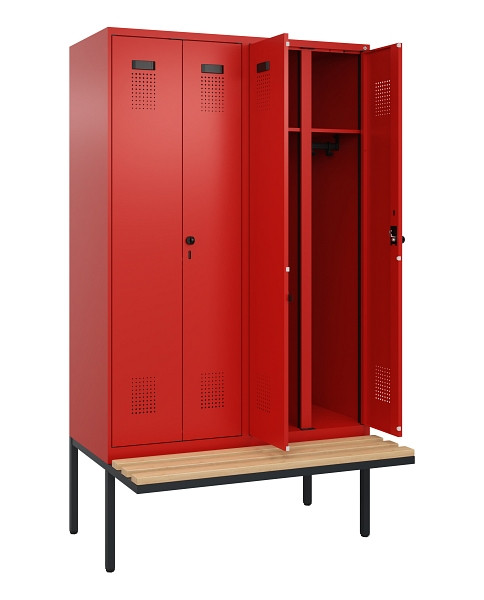 C+P Schwarz-Weiß-Spind Evolo PLUS, Bank, 4 Abteile, 2120x1200x815mm, 3020/3020, Drehriegel, Sitzfläche Holz, 0490427-40 S10025