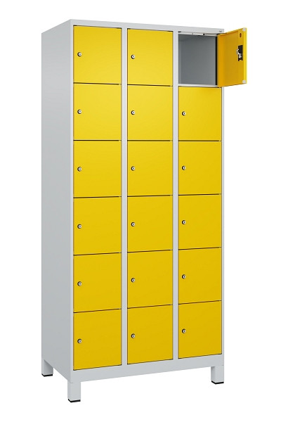 C+P Schließfachschrank Evolo PLUS, mit Füßen, 18 Fächer, 1950x900x500mm, 7035/1, Frontfarbe RAL 1023 Verkehrsgelb, 049010-306 S10001