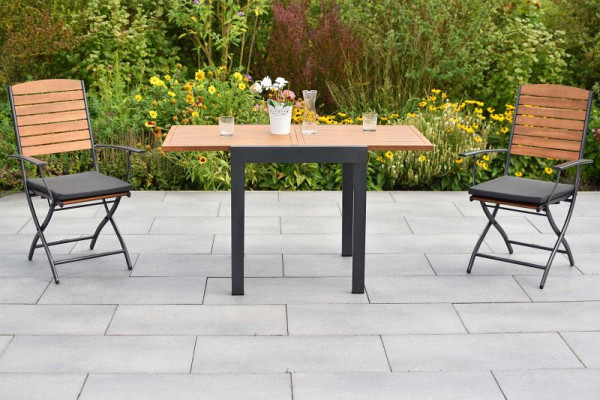 Merxx Santorin Set 5-teilig, 2 Santorin Klappsessel, 2 Sitzkissen, uni grau, 1 Balkonausziehtisch 65 (130) x 65 cm, Aluminium mit FSC Akazie, 50660-800