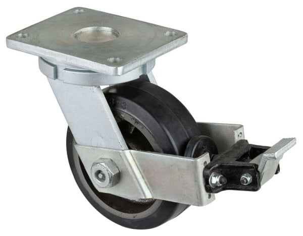 BS Rollen Schwerlastrolle mit Rad-/Feststeller, Breite 75 mm, Ø200 mm, bis 550 kg, Elastik-Reifen schwarz, Radkörper Guss, Kugellager, RR120.B81.202