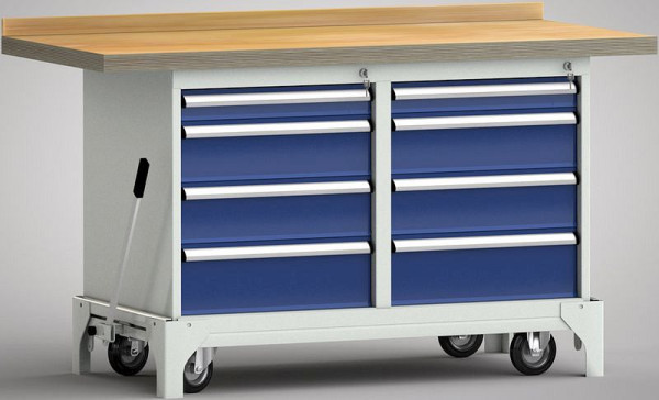 KLW fahrbare Profi-Werkbank, 1500 x 700 x 871 mm, mit Buchen-Multiplexplatte, mit Rückbrett, WP782N-1500M45-E7060