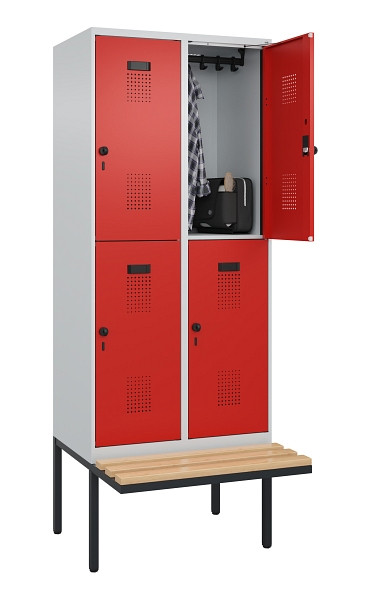 C+P Doppelstock-Spind Evolo PLUS, Bank, 4 Fächer, 2120x800x815mm, 7035/3020, Drehriegel, Sitzfläche Buche-Hartholz, 0493407-22 S10005
