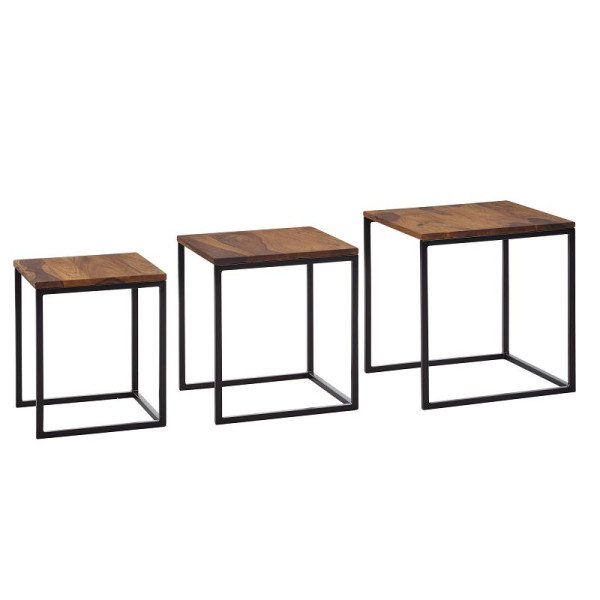 Wohnling Satztisch 3er Set Sheesham Massivholz/Metall Beistelltisch Eckig Modern, Design Couchtisch 3-teilig, Wohnzimmertisch Platzsparend, WL6.520