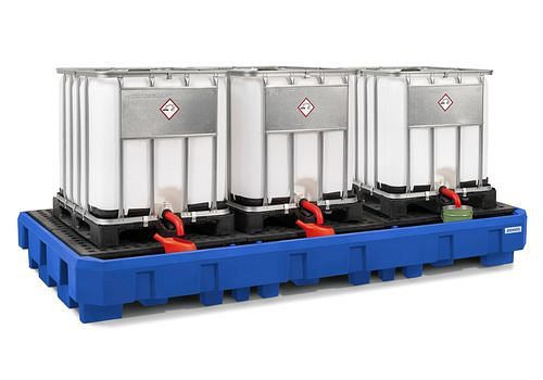 DENIOS Auffangwanne classic-line aus PE für 3 IBC, Abfüllbereich und PE-Gitterrost, 267616
