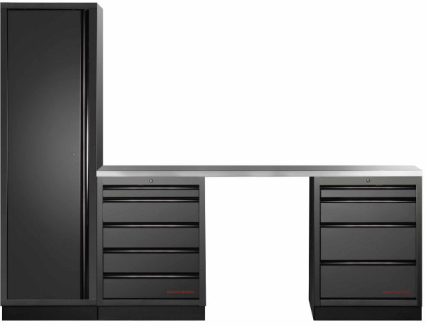 Kraftwerk MOBILIO BLACK EDITION 3er Schrank-Kombi, 9 Schubladen, 1 Hochschrank, Arbeitsplatte Edelstahl, 3964K-BLK-014-IX