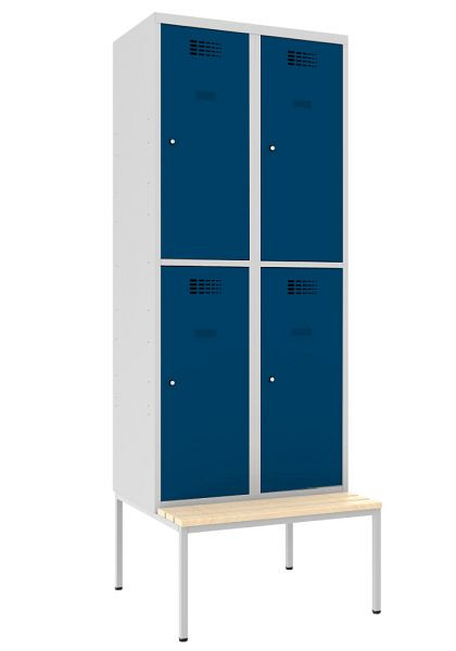 KEMMLIT Garderobenspind mit 2 Abteilen und 4 Türen 30cm mit Sitzbank, Enzianblau 5010, Zylinderschloss, 100288