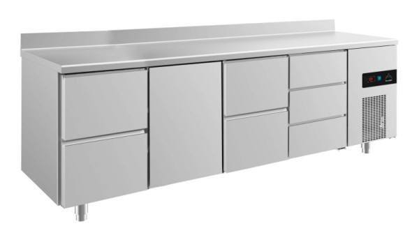 A&S Polarny Kühltisch -2 bis +8°C mit Tür mittig-links, 2x zwei Schubladen und drei Schubladen rechts, 2330 x 700 x 850 mm, mit Aufkantung, KT4ZTZDA