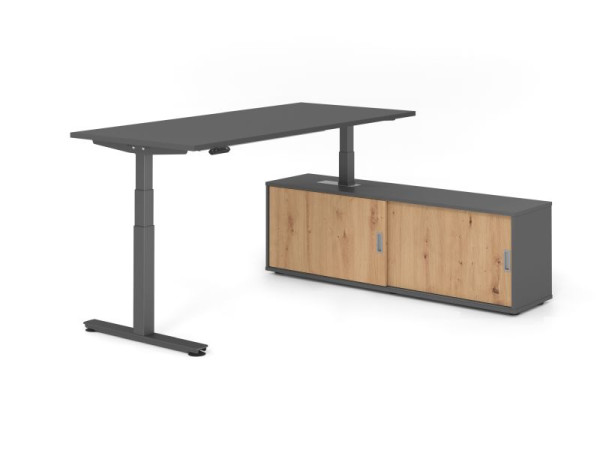 Hammerbacher Schreibtisch XDSM19, 180x80cm, Platte: Graphit, T-Fuß Gestell Graphit, Höhe: 63 - 127 cm, Graphit / Asteiche, VXDSM19SB/G/G/G/R