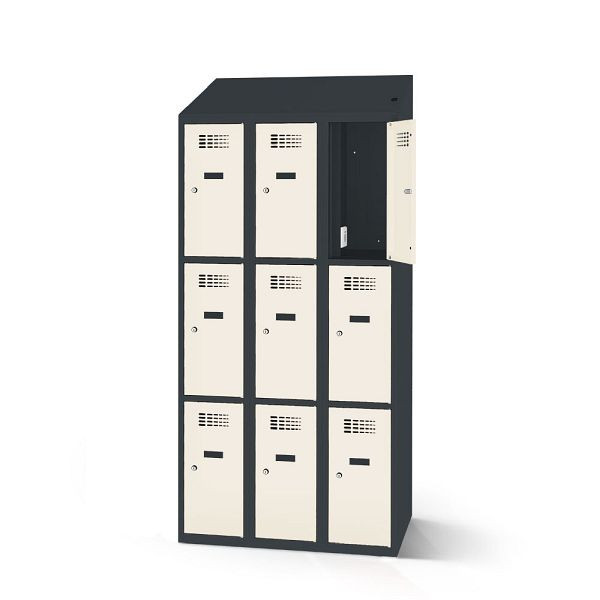 Rotstahl Fächerschrank, 9 Fächer, Stollenfüße, mit Ladefunktion, Schrägdach, Korpus: anthrazitgrau, Türen: reinweiß, 2180-030300-1202112-7016-9010