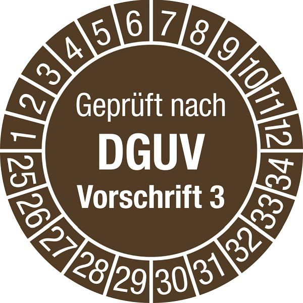 Moedel Prüfplakette Geprüft nach DGUV Vorschrift 3, 2025-2034, Folie, Ø 20 mm, VE: 10 Stück/Bogen, 106381