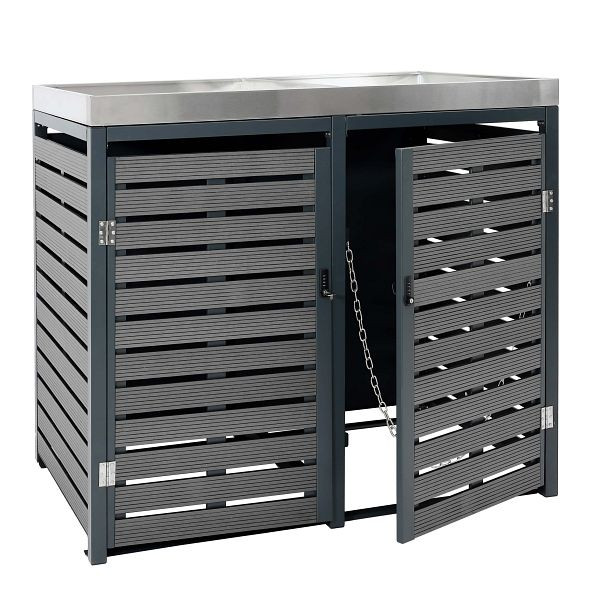 Mendler XL 2er-/4er-Mülltonnenverkleidung HWC-K14, Mülltonnenbox Pflanzkasten, 124x146x102cm WPC Metall 90kg, anthrazit, 87615+87614