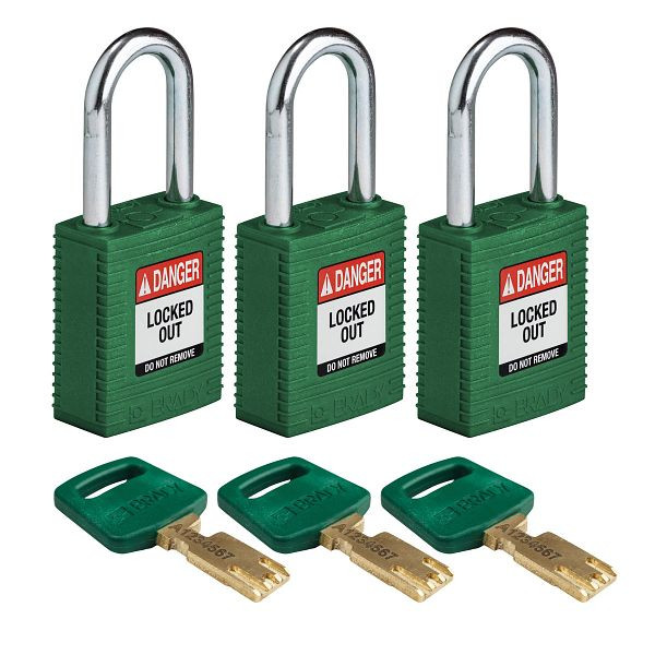 Brady Vorhängeschlösser SafeKey, Stahlbügel, lichte Bügelhöhe 38,10 mm, grün, VE: 3 Stück, 311883