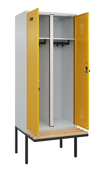 C+P Schwarz-Weiß-Spind Evolo PLUS, Bank, 2 Abteile, 2120x800x815mm, 7035/1004, Drehriegel, Sitzfläche Holz, 0490427-22 S10000