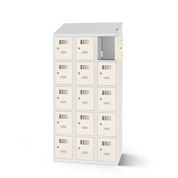 Rotstahl Fächerschrank, 15 Fächer, kurzer Sockel, mit Ladefunktion, Schrägdach, Korpus: lichtgrau, Türen: reinweiß, 2180-030500-0901112-7035-9010