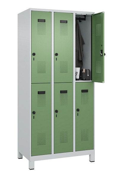 C+P Doppelstöckiger Spind Evolo PLUS, mit Füßen, 6 Fächer, 1950x900x500mm, 7035, Frontfarbe RAL 6011 Resedagrün, Drehriegel, 049310-30 S10010