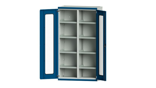 ANKE Werkbänke Schwerlastschrank, Modell 201, 1085 x 500 x 1950 mm, Sichtausschnitt aus Plexiglas, RAL 7035/5010, 620.236