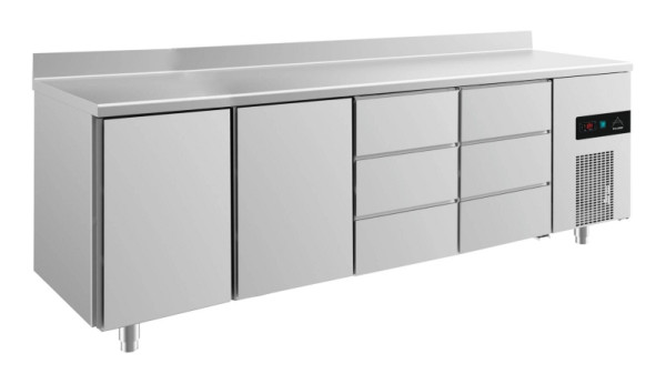A&S Polarny Kühltisch -2 bis +8°C mit 2x Türen und 2x drei Schubladen rechts, 2330 x 700 x 850 mm, mit Aufkantung, KT4TTDDA