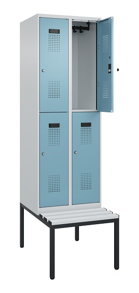 C+P Doppelstock-Spind Evolo PLUS, Bank, 4 Fächer, 2120x600x815mm, 7035/0010, Zylinderschloss, Sitzfläche Kunststoff, Sitzbank, 0493507-20 S10117