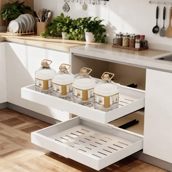 HOME NATURE WOHNKONZEPT Küchenschrank Ausziehschublade, 2er Set, mit Klebehalterung ohne Bohren, 52x42x7,5cm, Karbonstahl, Weiß, YQ0092