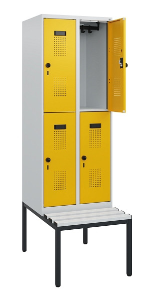 C+P Doppelstöckiger Spind Evolo PLUS, Bank, 4 Fächer, 1950x600x815mm, 7035/1004, Drehriegel, Sitzfläche Kunststoff, Sitzbank, 0493505-20 S10082