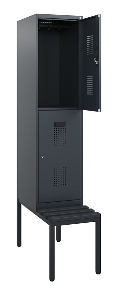 C+P Doppelstöckiger Spind Evolo PLUS, Bank, 2 Fächer, 1950x400x815mm, 7016/7016, Zylinderschloss, Sitzfläche Kunststoff, Sitzbank, 0493505-12 S10151