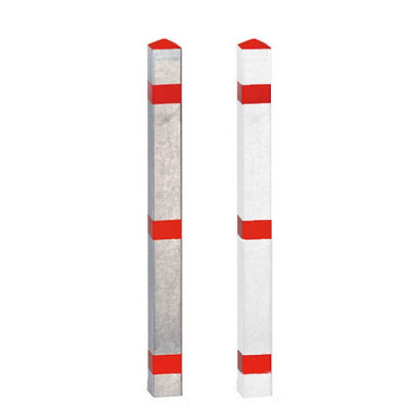 Stein HGS Absperrpfosten "Acero" 70x70mm, aus Aluminium, umlegbar, zum Aufdübeln (Bodenplatte 100x200mm), Profilzylinder, natur 3 rote Reflexstreifen, 13463