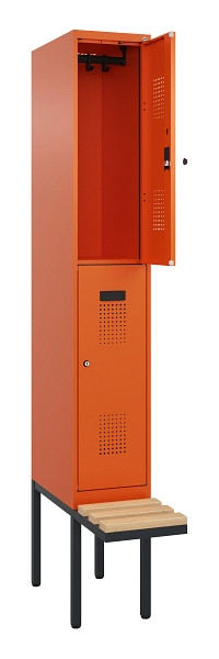 C+P Doppelstock-Spind Evolo PLUS, Bank, 2 Fächer, 2120x300x815mm, 2004/2004, Zylinderschloss, Sitzfläche Buche-Hartholz, 0493407-10 S10050