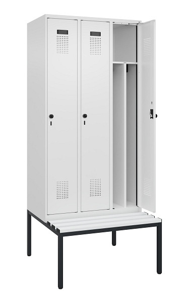 C+P Spind Evolo PLUS, 3 Abteile, 2120x900x815mm, 9016/9016, Haken 4, Drehriegel, Sitzfläche Kunststoff, Sitzbank, 0490507-30F S10074