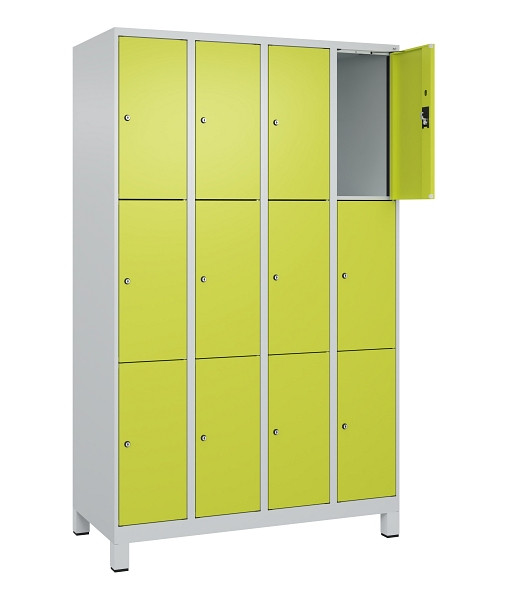C+P Schließfachschrank Evolo PLUS, mit Füßen, 12 Fächer, 1950x1200x500mm, 7035/1108060 RDS Clowngrün, Abteile 4, Abteilbreite 300 mm, 049010-403 S10015