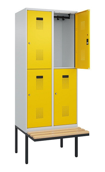 C+P Doppelstock-Spind Evolo PLUS, Bank, 4 Fächer, 2120x800x815mm, 7035/1023, Zylinderschloss, Sitzfläche Buche-Hartholz, 0493407-22 S10028