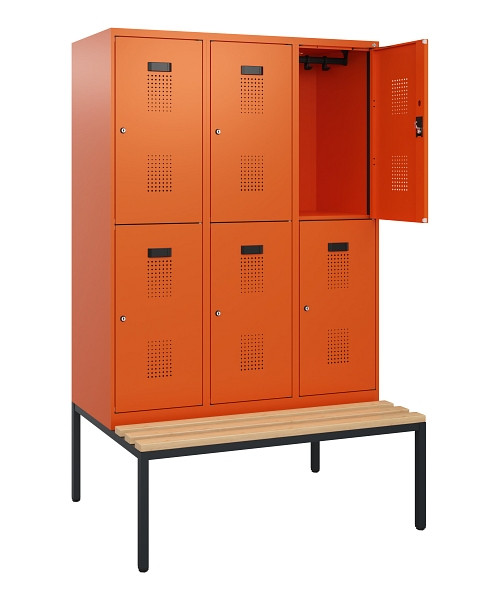 C+P Doppelstöckiger Spind Evolo PLUS, Bank, 6 Fächer, 1950x1200x815mm, 2004/2004, Zylinderschloss, Sitzfläche Buche-Hartholz, Sitzbank, 0493505-32 S10067