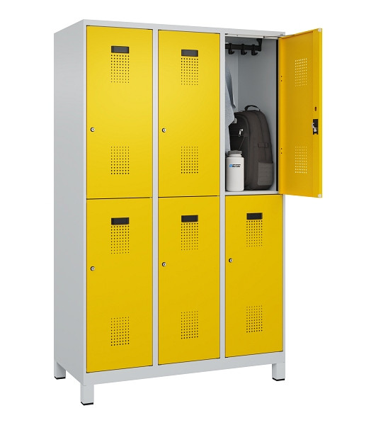 C+P Doppelstöckiger Spind Evolo PLUS, mit Füßen, 6 Fächer, 1950x1200x500mm, 703, Frontfarbe RAL 1023 Verkehrsgelb, Zylinderschloss, 049310-32 S10028