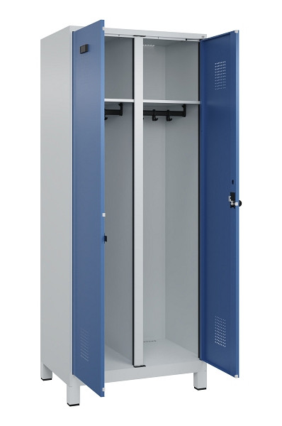 C+P Schwarz-Weiß-Spind Evolo PLUS, mit Füßen, 2 Abteile, 1950x800x500mm, 7035/5, Frontfarbe RAL 5023 Fernblau, Drehriegel, 049012-22 S10008
