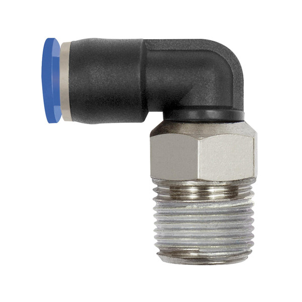 Riegler L-Steckverschraubung »Blaue Serie« mini, drehbar, R 1/8, für Schlauch-Außen-Ø 4 mm, pmax 10 bar, Kunststoff/Messing vernickelt, 148825