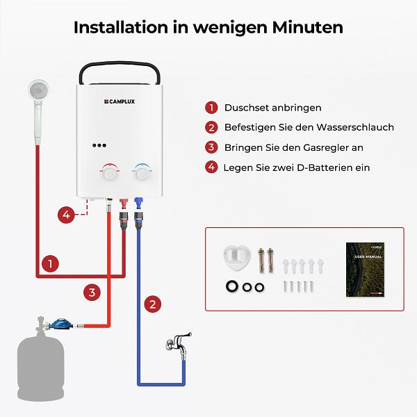CAMPLUX 5L Tankless Gasdurchlauferhitzer Weiß 50mbar, AY132-DE