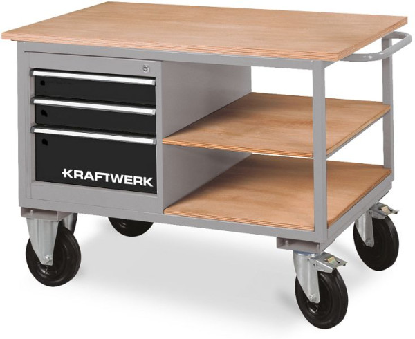 Kraftwerk Werkstattwagen mit 3 Schubladen und 2 Ablageböden, 835x1300x600 mm, 85 KG, 143.835.002