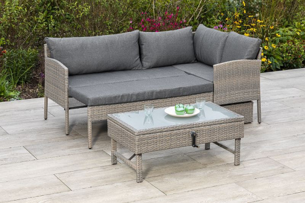 Merxx Viletta Balkonset, 1 Eckbank, auziehbar, inkl. Kissen, 1 Unterschiebbox, 1 höhenverstellbarer Tisch, Stahlgestell mit Kunststoffgeflecht, 28514-277