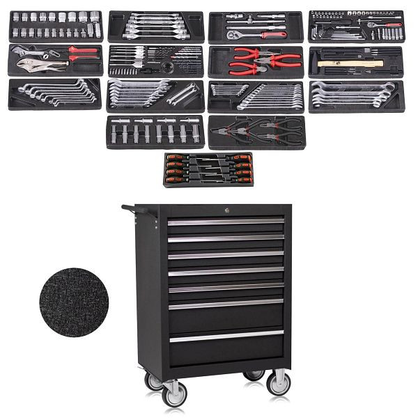 Metra Werkstattwagen, 7 Schubladen, schwarz, gefüllt mit 14 Werkzeugsätzen, 9810228