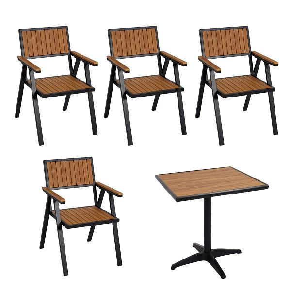 Mendler 4er-Set Gartenstuhl+Gartentisch HWC-J95, Stuhl Tisch, Gastro Outdoor-Beschichtung, Alu Polywood, schwarz, teak, 2x84859+84863